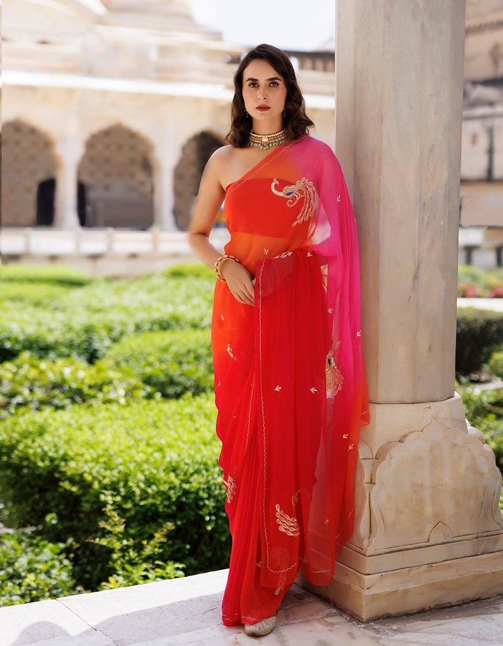 Pink & Orange shaded Hand embroidered Chiffon saree - Geroo Jaipur