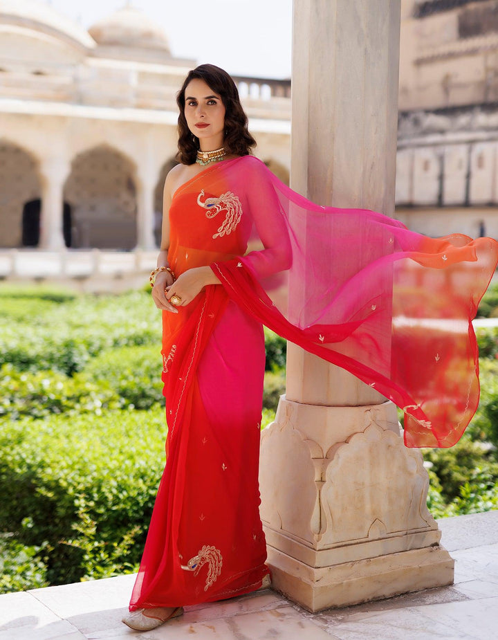 Pink & Orange shaded Hand embroidered Chiffon saree - Geroo Jaipur