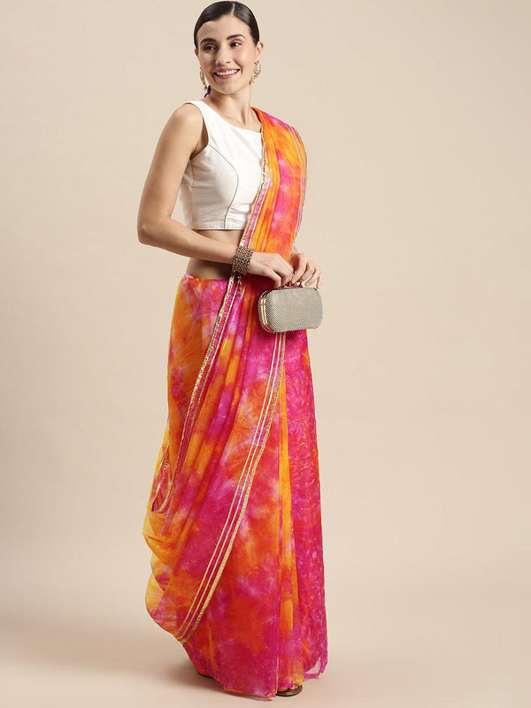 Pink & Yellow Shaded Hand Dyed Shibori Organza Saree - Geroo Jaipur