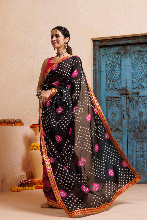 Pink-Black Shibori Bandhani Drapped Silk Saree - Geroo Jaipur