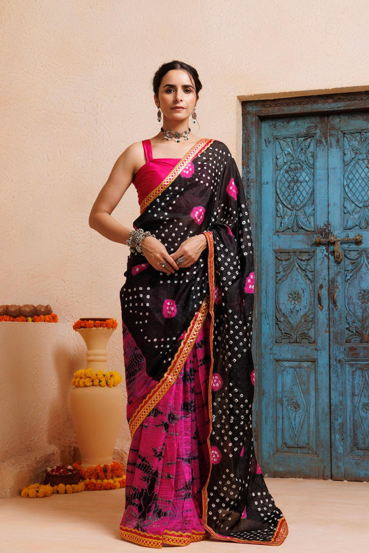 Pink-Black Shibori Bandhani Drapped Silk Saree - Geroo Jaipur