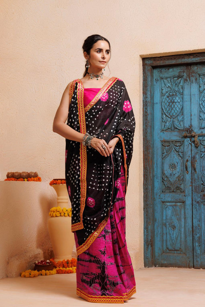 Pink-Black Shibori Bandhani Drapped Silk Saree - Geroo Jaipur