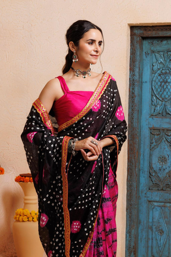 Pink-Black Shibori Bandhani Drapped Silk Saree - Geroo Jaipur