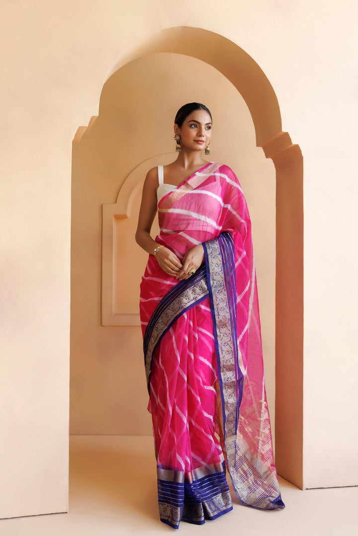 Pink-Blue Organza Zari Embellished Hand Dyed Leheriya Saree - Geroo Jaipur