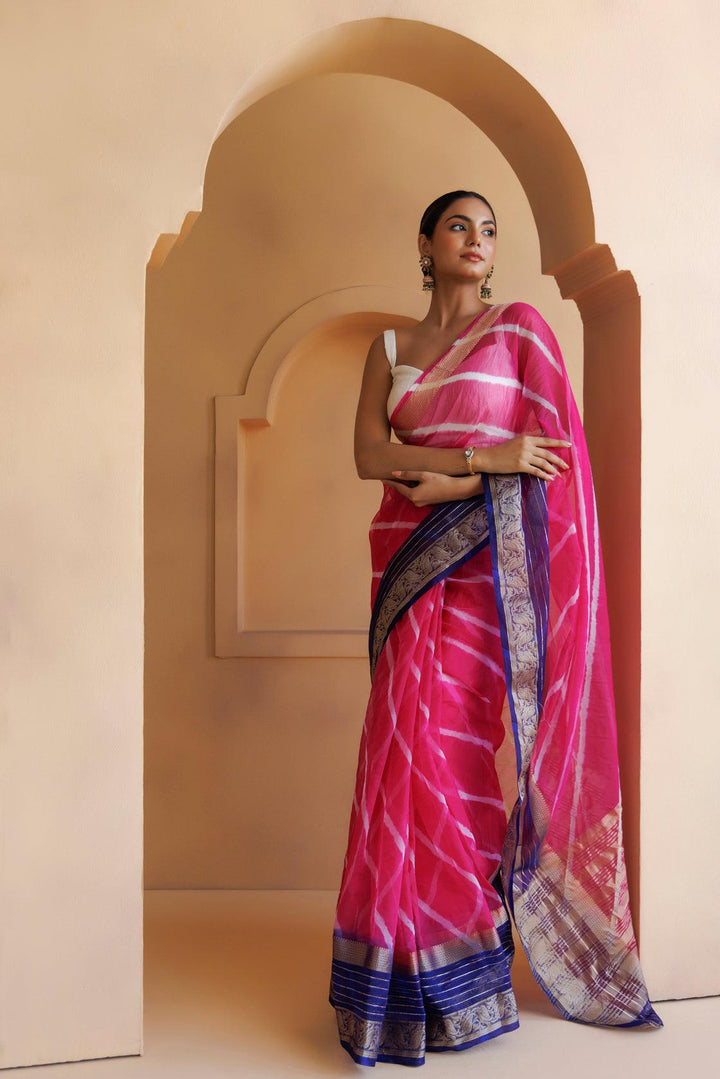 Pink-Blue Organza Zari Embellished Hand Dyed Leheriya Saree - Geroo Jaipur