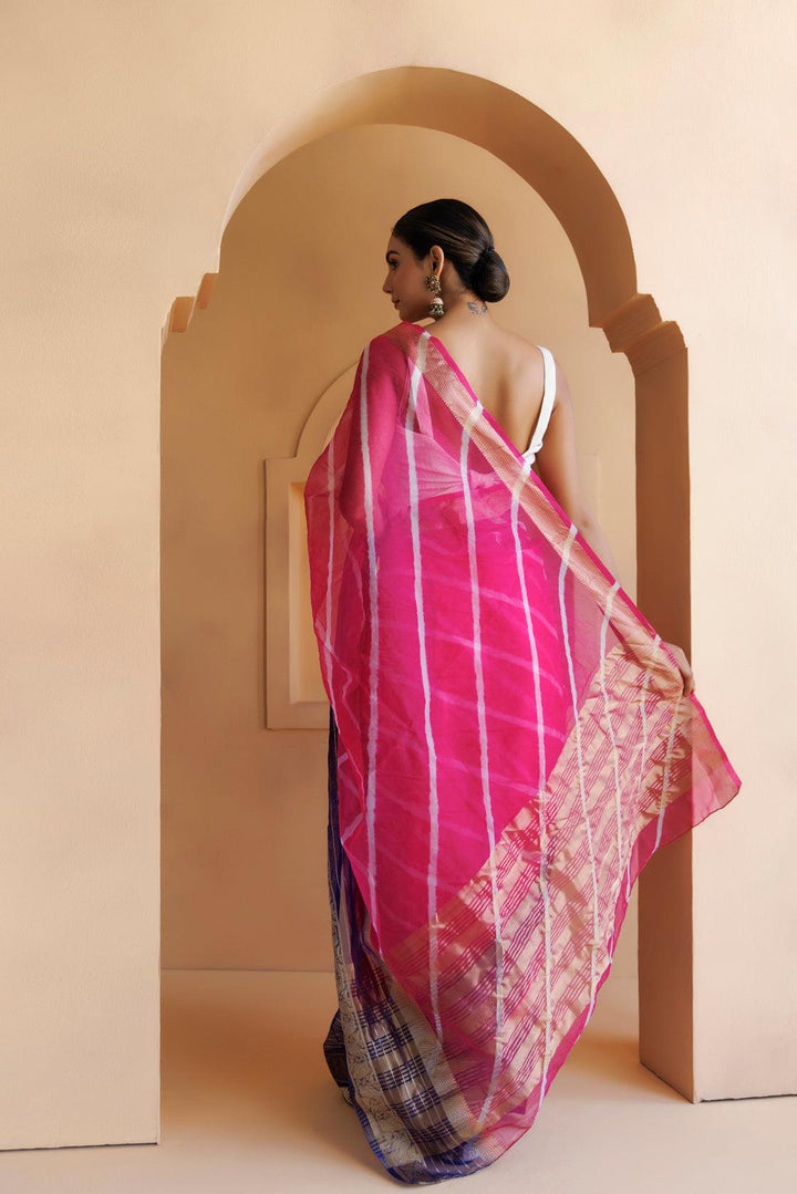 Pink-Blue Organza Zari Embellished Hand Dyed Leheriya Saree - Geroo Jaipur