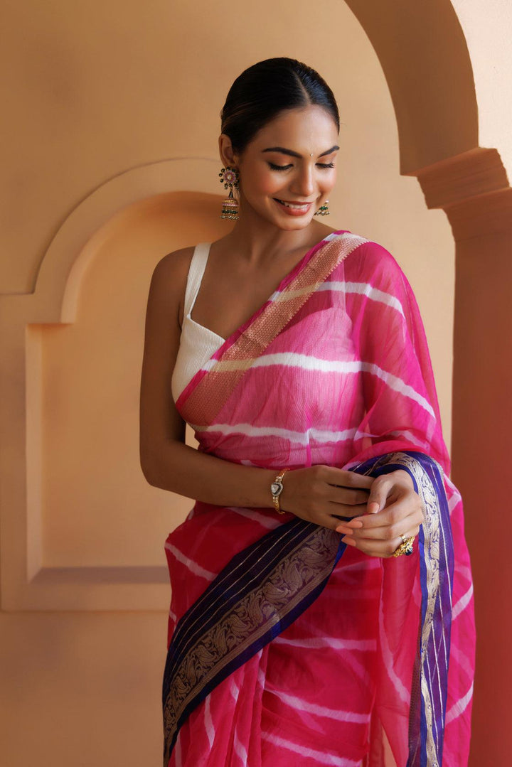 Pink-Blue Organza Zari Embellished Hand Dyed Leheriya Saree - Geroo Jaipur