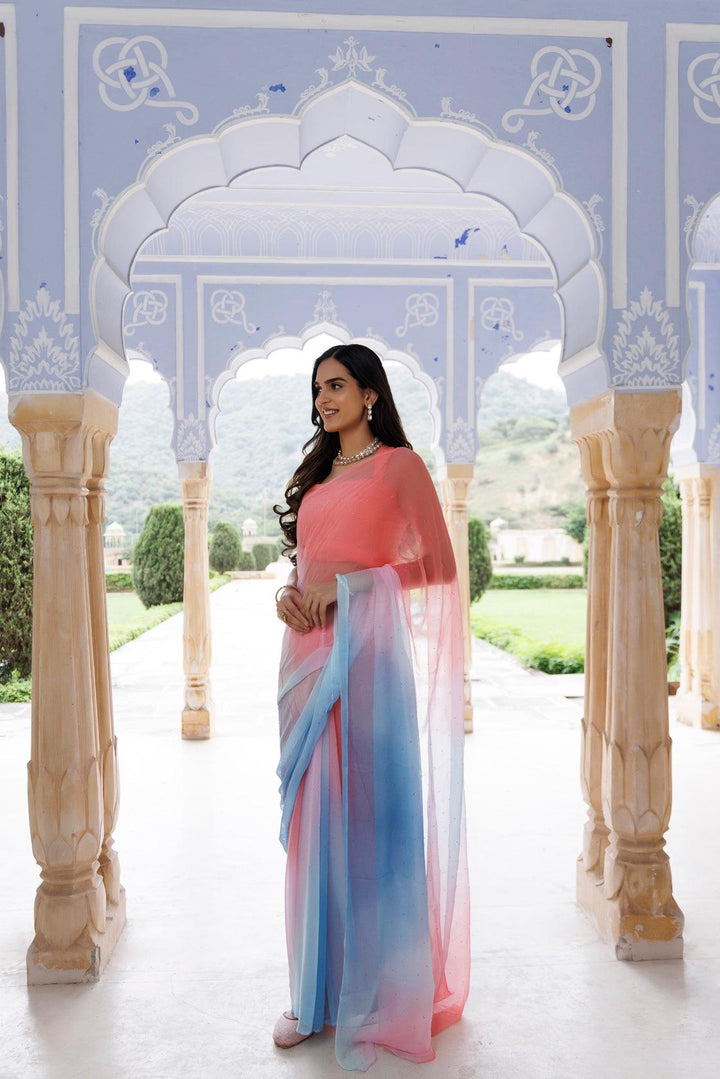 Pink-Blue Shaded Mukaish Hand Embroidered Chiffon Saree - Geroo Jaipur