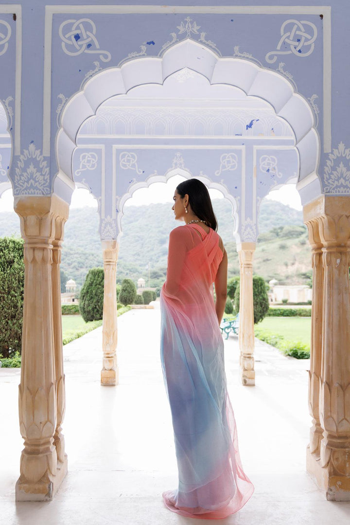 Pink-Blue Shaded Mukaish Hand Embroidered Chiffon Saree - Geroo Jaipur