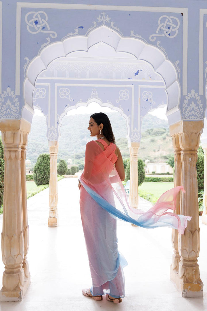 Pink-Blue Shaded Mukaish Hand Embroidered Chiffon Saree - Geroo Jaipur