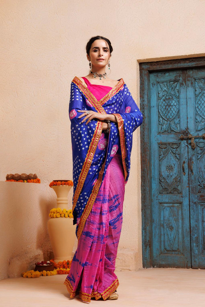 Pink-Blue Shibori Bandhani Drapped Silk Saree - Geroo Jaipur