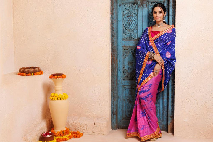 Pink-Blue Shibori Bandhani Drapped Silk Saree - Geroo Jaipur