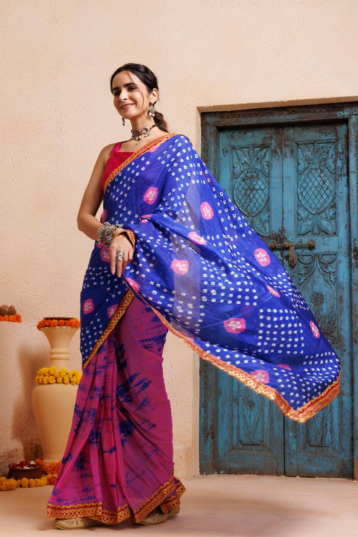 Pink-Blue Shibori Bandhani Drapped Silk Saree - Geroo Jaipur