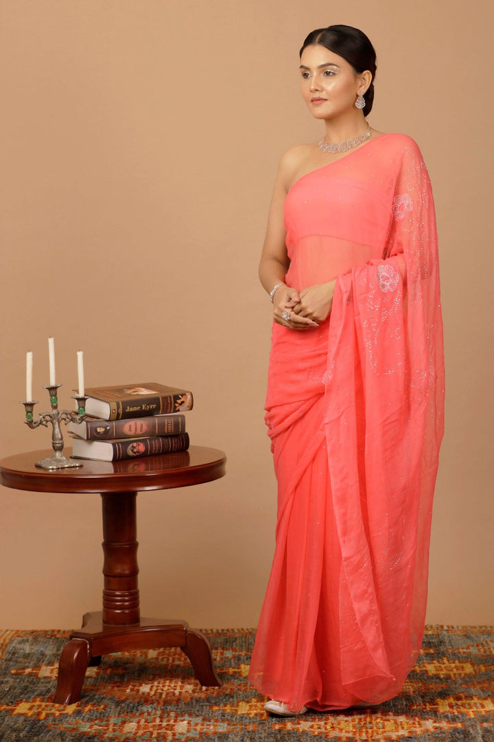 Pink Chiffon Hand Embroidered Mukaish Saree - Geroo Jaipur