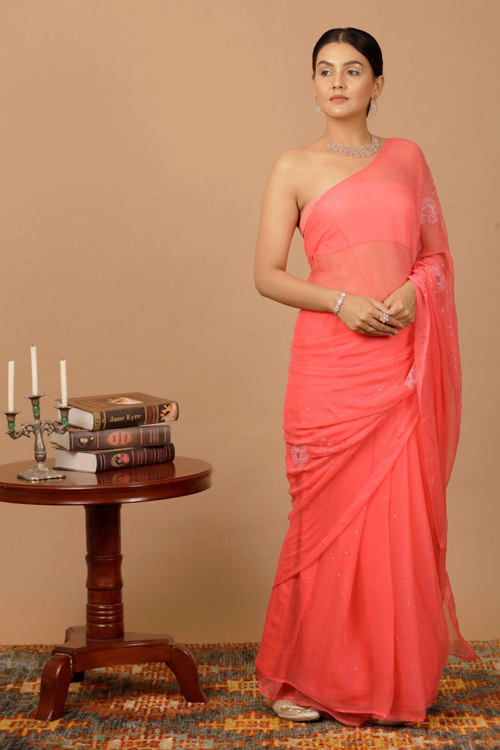 Pink Chiffon Hand Embroidered Mukaish Saree - Geroo Jaipur