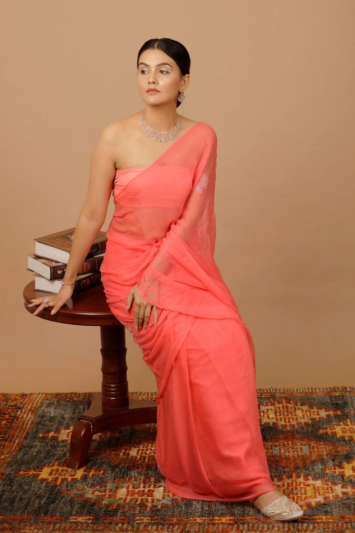 Pink Chiffon Hand Embroidered Mukaish Saree - Geroo Jaipur