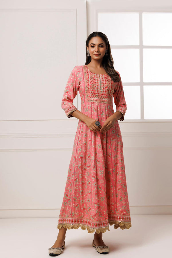 Pink Cotton-Rayon Embroidered Long Dress - Geroo Jaipur