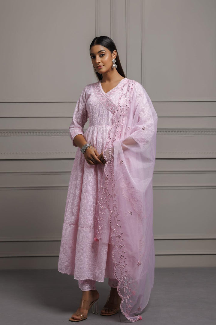 Pink Georgette Handcrafted Angrakha Suit Set with Organza Dupatta - Geroo Jaipur