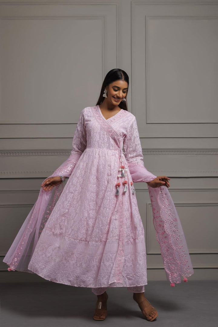 Pink Georgette Handcrafted Angrakha Suit Set with Organza Dupatta - Geroo Jaipur