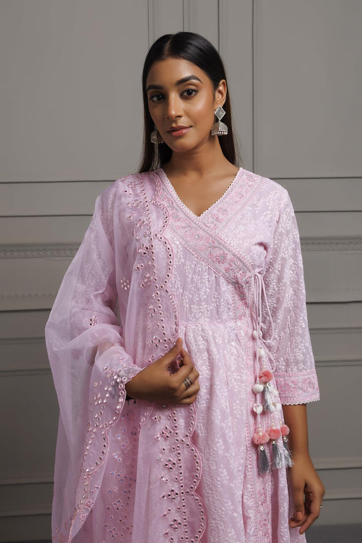 Pink Georgette Handcrafted Angrakha Suit Set with Organza Dupatta - Geroo Jaipur