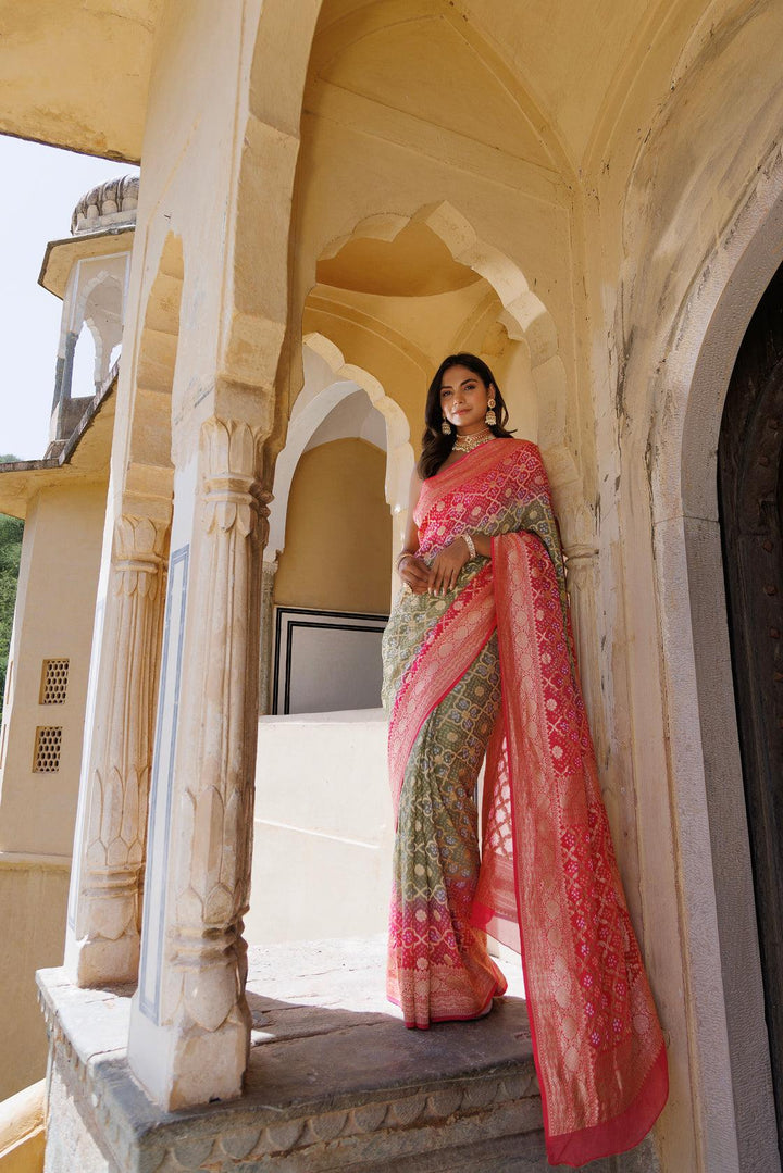 Pink green pure georgette hand woven gharchola bandhani saree - Geroo Jaipur