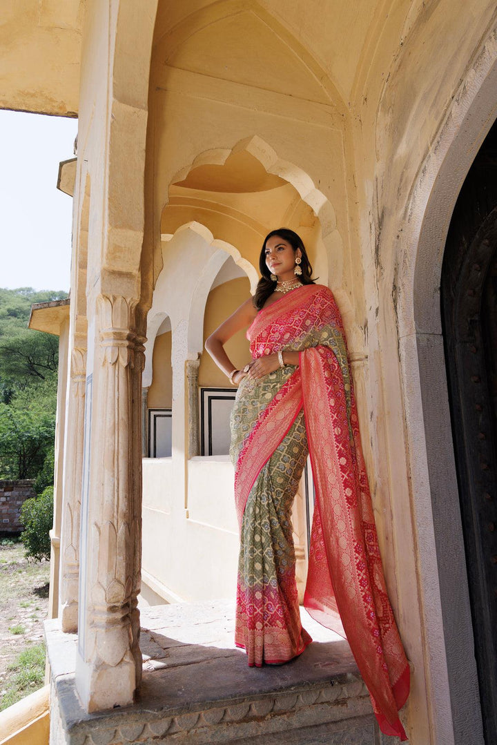 Pink green pure georgette hand woven gharchola bandhani saree - Geroo Jaipur