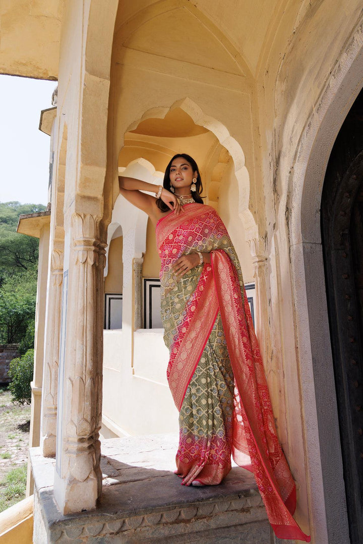 Pink green pure georgette hand woven gharchola bandhani saree - Geroo Jaipur