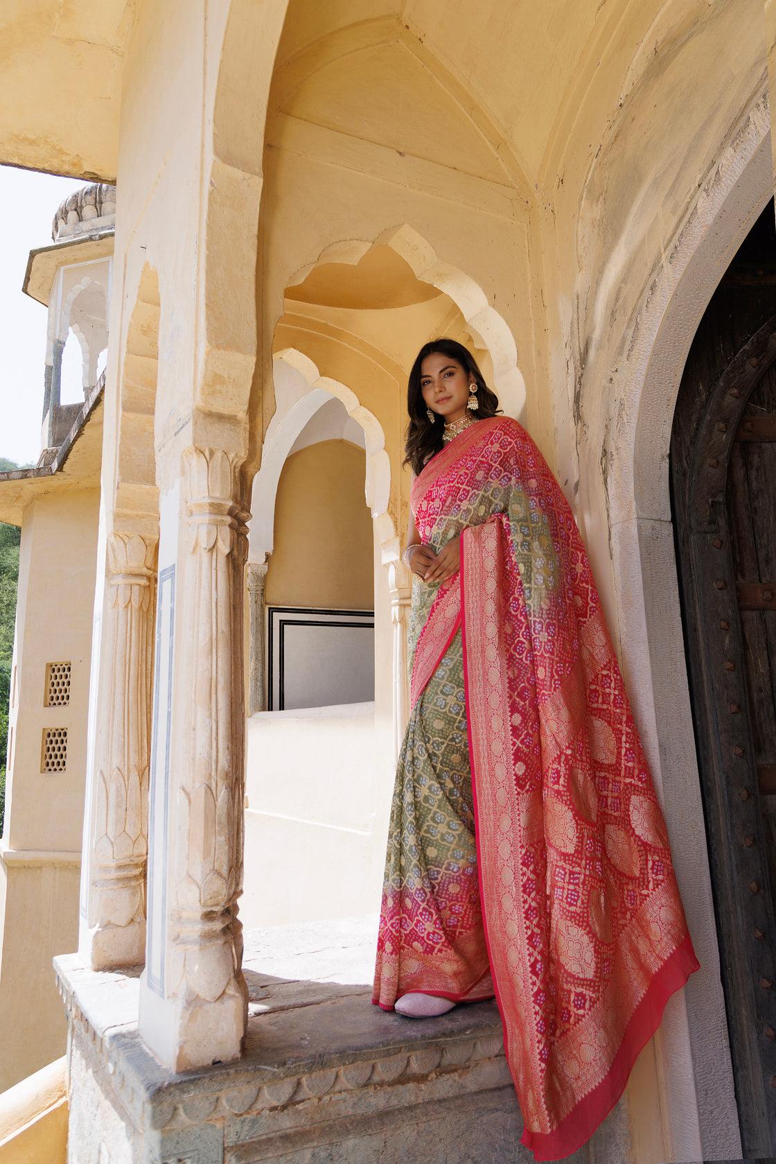 Pink & Golden Handcrafted Bandhani Modal Silk Saree With Kanchipuram B –  Geroo Jaipur