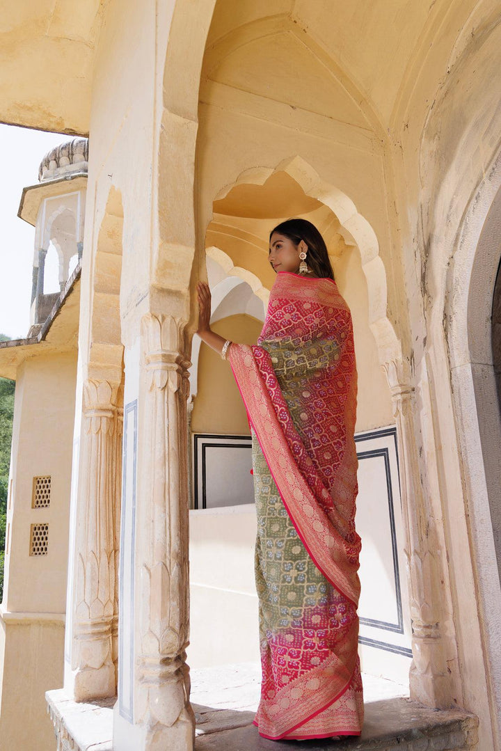 Pink green pure georgette hand woven gharchola bandhani saree - Geroo Jaipur