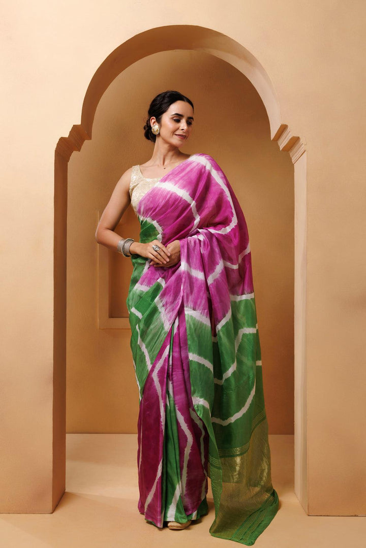 Pink-Green Tabby Silk Hand Dyed Leheriya Saree - Geroo Jaipur