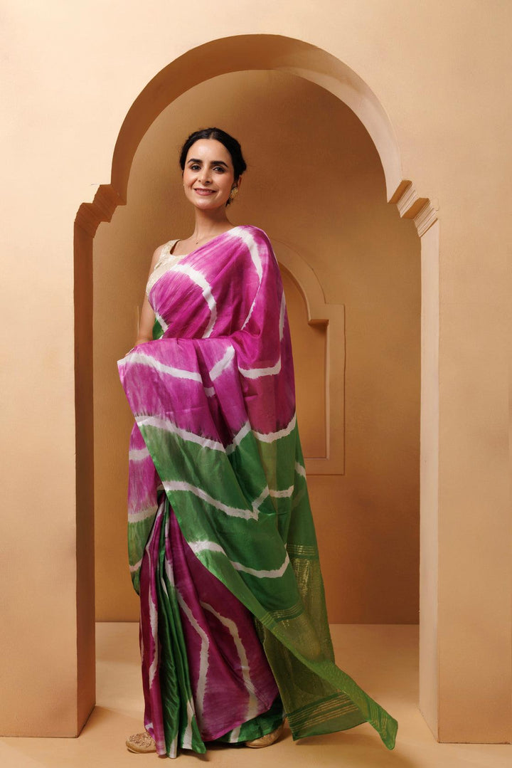 Pink-Green Tabby Silk Hand Dyed Leheriya Saree - Geroo Jaipur