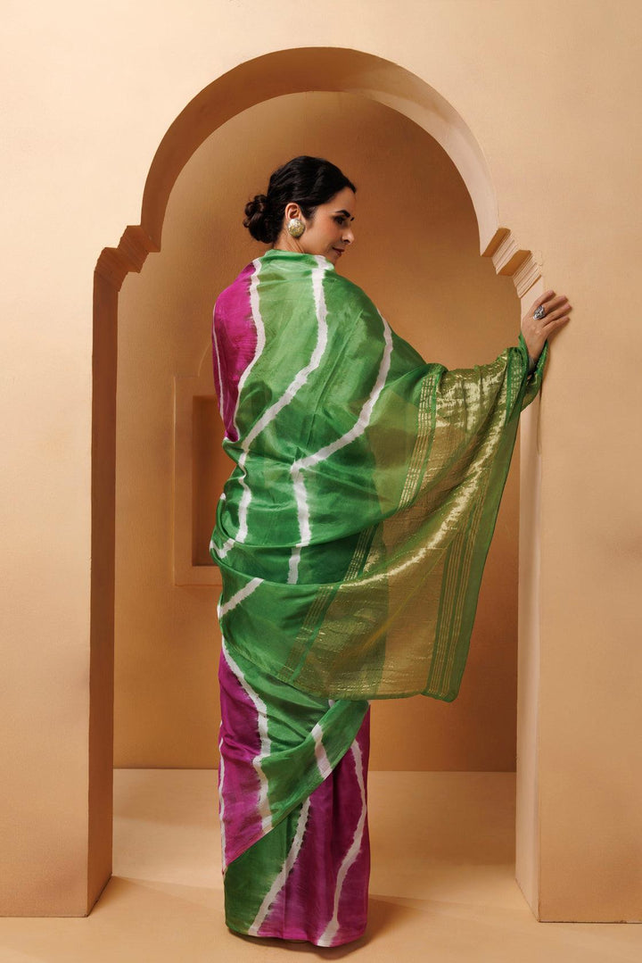 Pink-Green Tabby Silk Hand Dyed Leheriya Saree - Geroo Jaipur