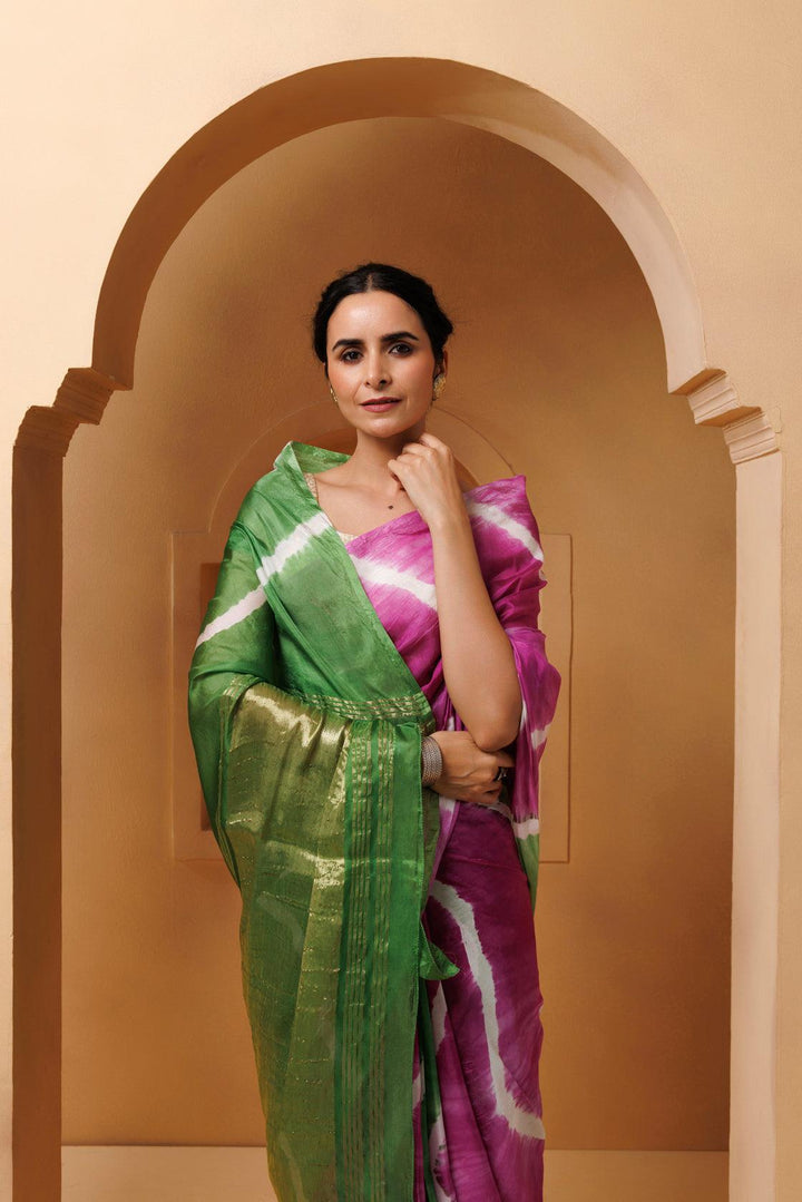 Pink-Green Tabby Silk Hand Dyed Leheriya Saree - Geroo Jaipur