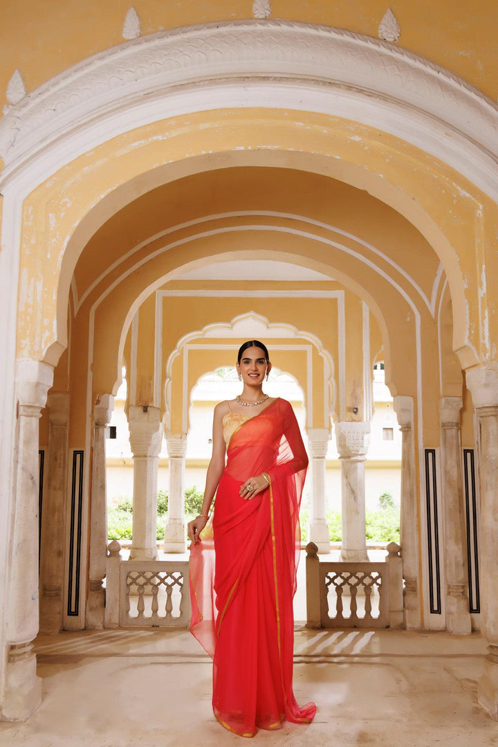 Pink Hand Dyed Plain Chiffon Saree With Jacquard Blouse - Geroo Jaipur