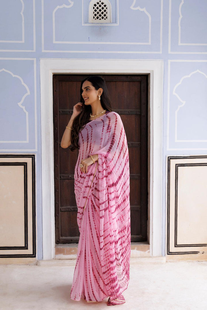 Pink Hand Dyed Shibori Bandhani Chiffon Saree - Geroo Jaipur