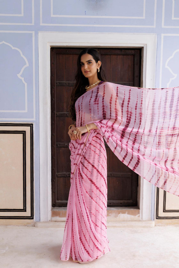 Pink Hand Dyed Shibori Bandhani Chiffon Saree - Geroo Jaipur