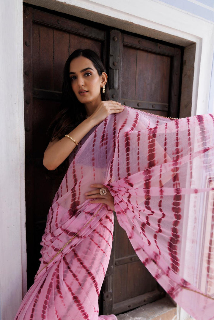 Pink Hand Dyed Shibori Bandhani Chiffon Saree - Geroo Jaipur