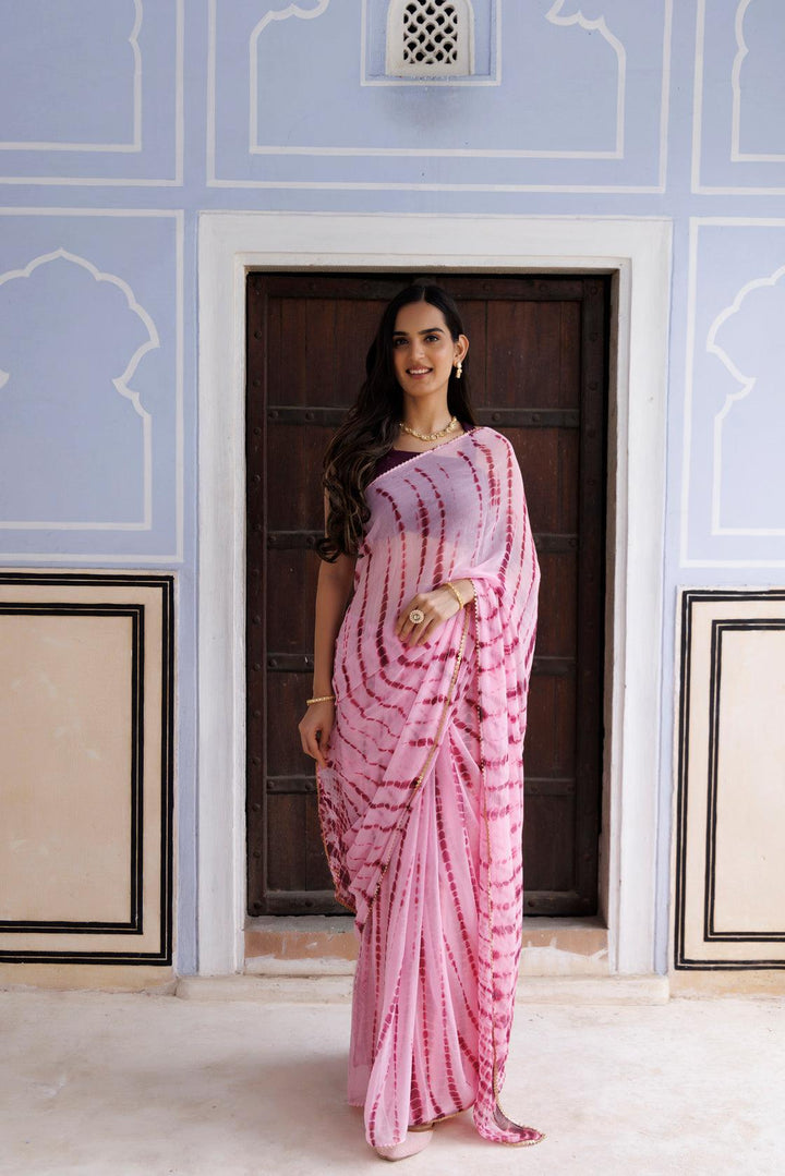 Pink Hand Dyed Shibori Bandhani Chiffon Saree - Geroo Jaipur