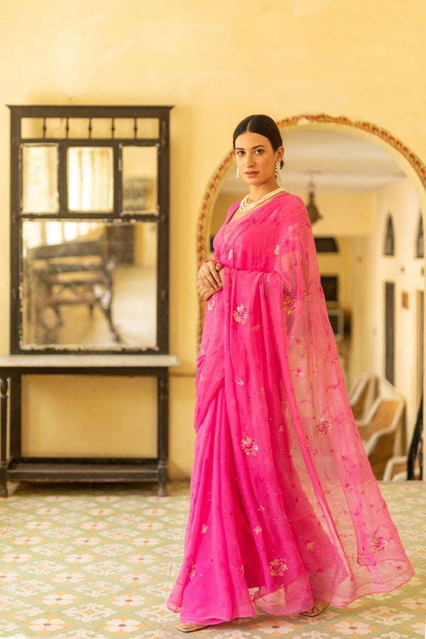 Pink Hand Embroidered Chiffon Saree - Geroo Jaipur