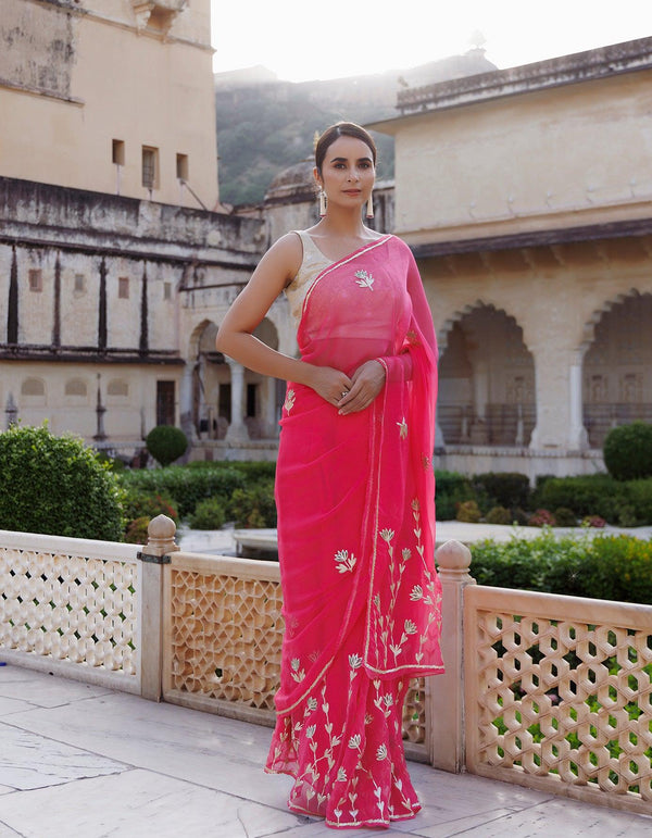 Pink Hand embroidered Gota Patti Chiffon saree - Geroo Jaipur