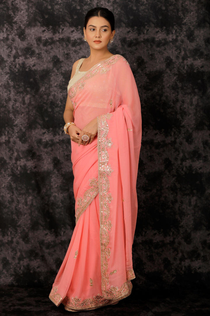 Pink Hand Embroidered Gota Patti Georgette Saree - Geroo Jaipur