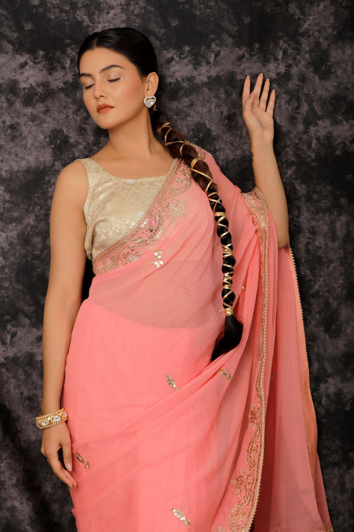 Pink Hand Embroidered Gota Patti Georgette Saree - Geroo Jaipur