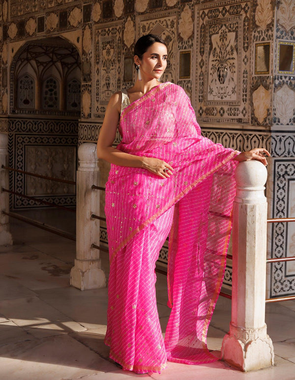 Pink Hand Embroidered Gota Patti Pure Kota Silk Mothra Saree - Geroo Jaipur