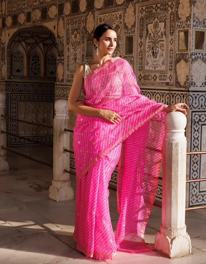 Pink Hand Embroidered Gota Patti Pure Kota Silk Mothra Saree - Geroo Jaipur