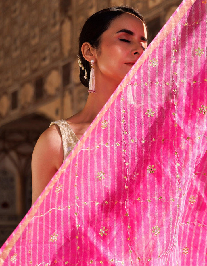 Pink Hand Embroidered Gota Patti Pure Kota Silk Mothra Saree - Geroo Jaipur