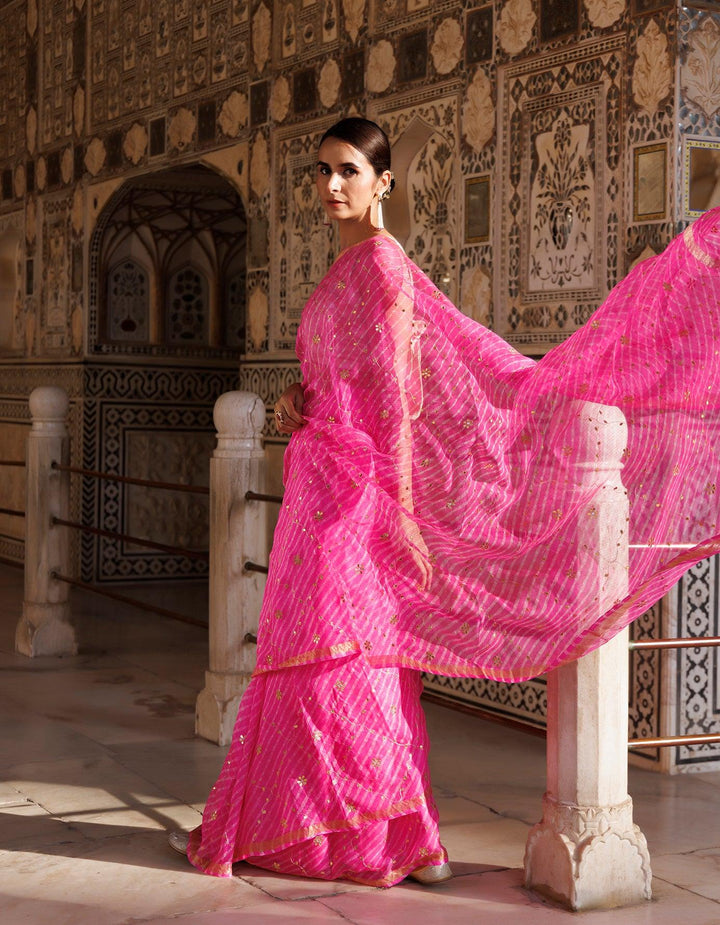 Pink Hand Embroidered Gota Patti Pure Kota Silk Mothra Saree - Geroo Jaipur