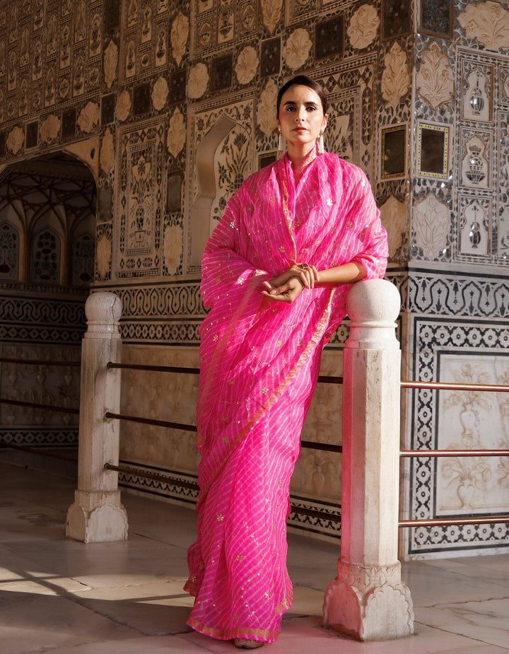 Pink Hand Embroidered Gota Patti Pure Kota Silk Mothra Saree - Geroo Jaipur