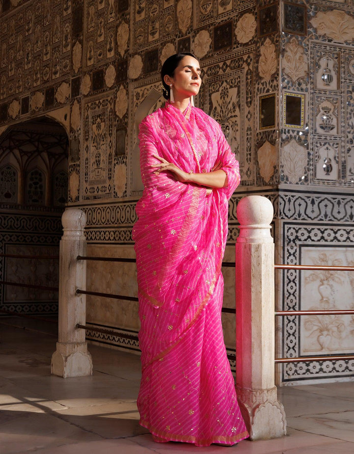 Pink Hand Embroidered Gota Patti Pure Kota Silk Mothra Saree - Geroo Jaipur