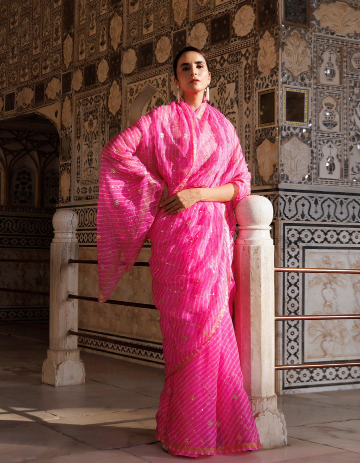 Pink Hand Embroidered Gota Patti Pure Kota Silk Mothra Saree - Geroo Jaipur