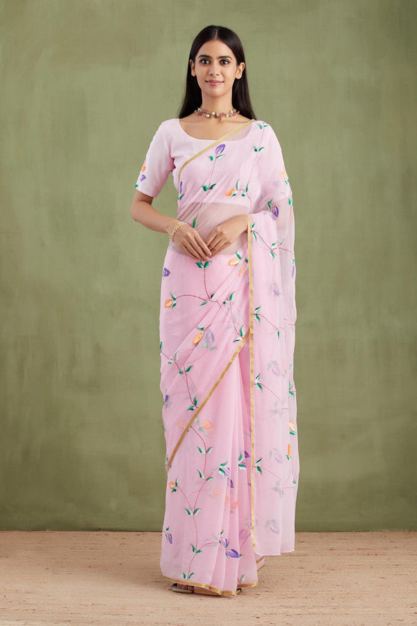 Pink Hand Painted Chiffon Saree - Geroo Jaipur